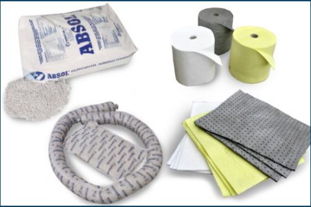 Product images of Ecosorb Sorbent pads, rolls, pillows and socs, and Absol sorbent granulate.
