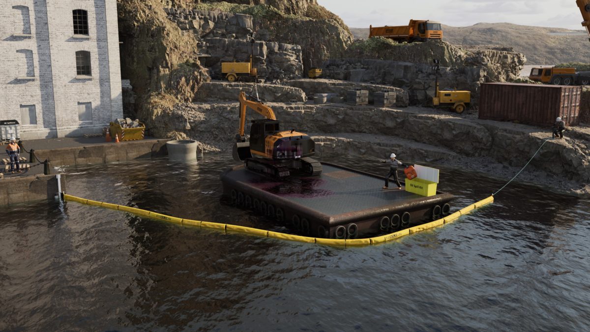 Yellow Oil Boom around barge with excavator